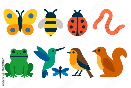 Bold Garden Wildlife Icons. Flat vector icons of garden wildlife: butterfly, bee, ladybird, earthworm, frog, hummingbird,