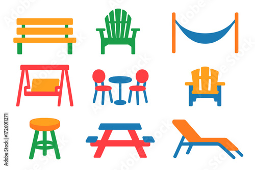 Garden Seating Icons. Flat vector icons of garden seating: bench, Adirondack chair, hammock, swing seat, bistro set, Adirondack
