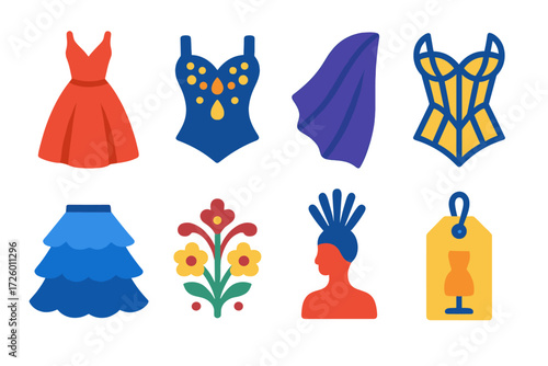 Haute Couture Icons. Flat vector icons of haute couture: couture gown, embellished bodice, silk drape, corset frame, layered tulle
