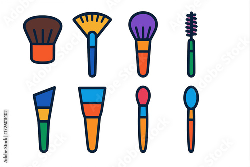 Colorful Makeup Brush Icons. Flat vector icons of makeup brushes: kabuki brush, fan brush, domed brush, spoolie brush, angular
