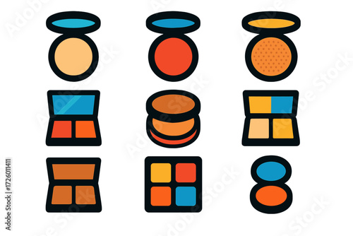 Bold Cosmetic Icons. Flat vector icons of cosmetic compacts: powder compact, blush compact, foundation cushion, mirror palette,