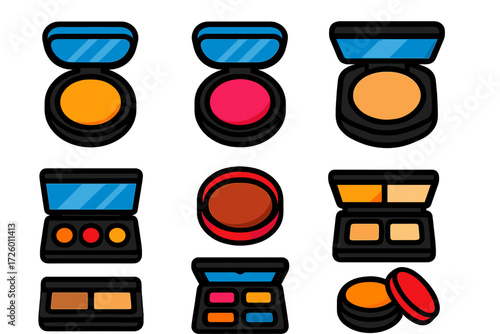 Bold Cosmetic Icons. Flat vector icons of cosmetic compacts: powder compact, blush compact, foundation cushion, mirror palette,