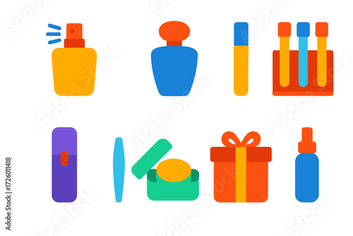 Fragrance Icon Set. Flat vector icons of fragrance types: perfume spray bottle, eau de parfum flacon, rollerball vial; travel