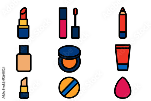 Colorful Makeup Icons. Flat vector icons of makeup essentials: lipstick, lip gloss, lip liner; foundation bottle, cushion compact,