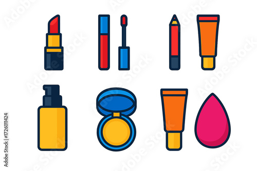 Colorful Makeup Icons. Flat vector icons of makeup essentials: lipstick, lip gloss, lip liner; foundation bottle, cushion compact,
