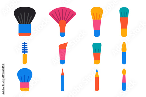 Colorful Makeup Brush Icons. Flat vector icons of makeup brushes: kabuki brush, fan brush, domed brush, spoolie brush, angular