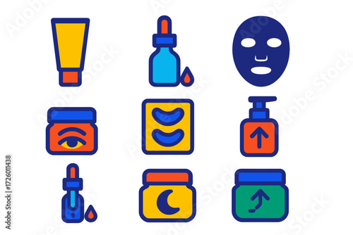 Anti-Aging Treatment Icons. Flat vector icons of anti-aging treatments: retinol cream tube, peptide serum bottle, collagen mask;