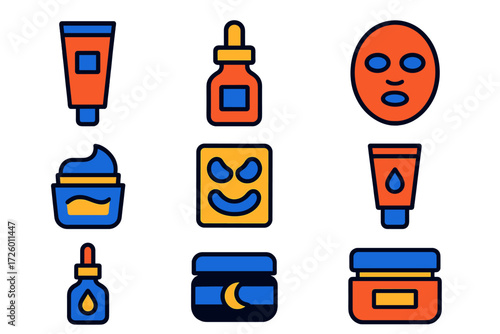 Anti-Aging Treatment Icons. Flat vector icons of anti-aging treatments: retinol cream tube, peptide serum bottle, collagen mask;