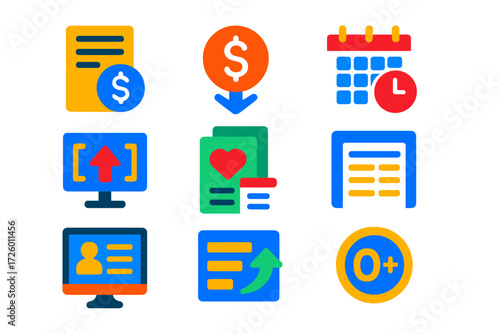 Flat Payroll Icons. Flat vector icons of payroll solutions: pay stub, direct deposit, timesheet, tax withholding; benefits