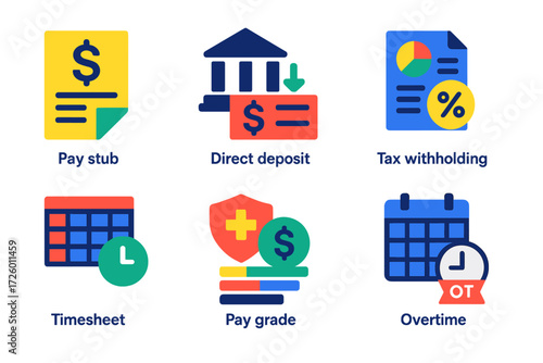 Flat Payroll Icons. Flat vector icons of payroll solutions: pay stub, direct deposit, timesheet, tax withholding; benefits