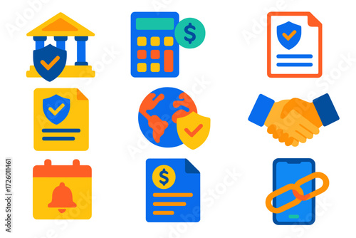 Modern Insurance Icons. Flat vector icons of insurance banking: bancassurance policy, premium calculator, claim submission; policy