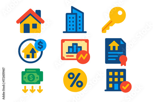 Real Estate Icons. Flat vector icons of real estate investing: residential building, commercial tower, rental key; property