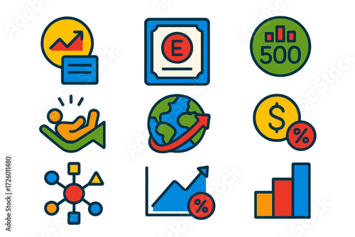 Index Investing Icons. Flat vector icons of index investing: index fund, ETF share, S&P 500 logo; passive strategy, broad market,