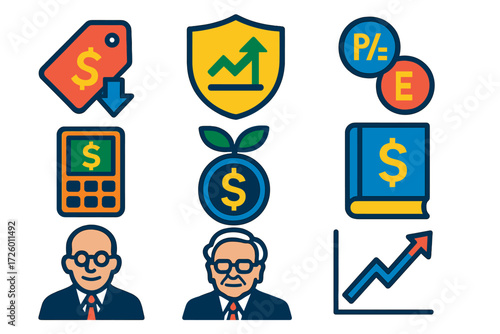Value Investing Icons. Flat vector icons of value investing: undervalued tag, margin of safety, P/E ratio; intrinsic value,