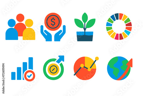 Impact Investing Icons. Flat vector icons of impact investing: community icon, social bond, green project; SDG badge, impact