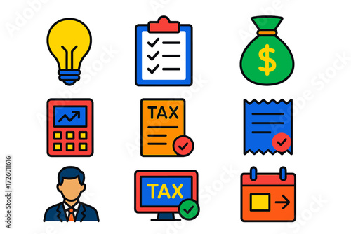 Tax Tips Icons. Flat vector icons of tax tips: lightbulb idea, checklist, money bag; maximize deductions, file early, save