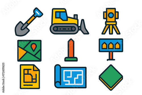 Land Development Icons. Flat vector icons of land development: shovel, bulldozer, surveyor tripod; plot map, boundary marker,