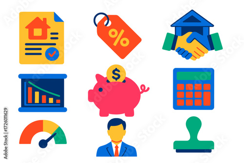Mortgage Icons Set. Flat vector icons of mortgage financing: house loan document, interest rate tag, bank handshake; amortization