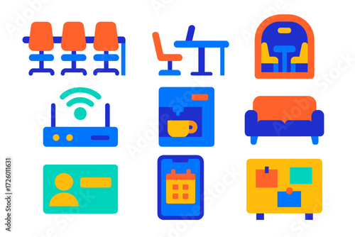 Modern Co-working Icons. Flat vector icons of co-working spaces: shared desk, hot desk, meeting pod; Wi-Fi router, coffee machine,