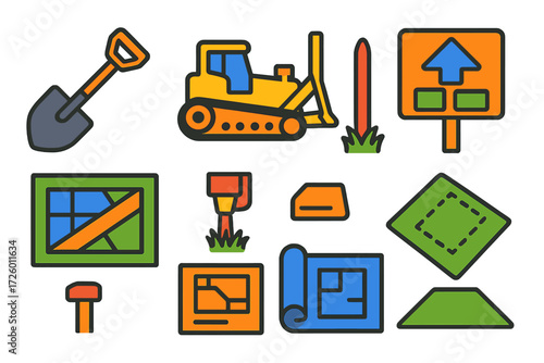 Land Development Icons. Flat vector icons of land development: shovel, bulldozer, surveyor tripod; plot map, boundary marker,