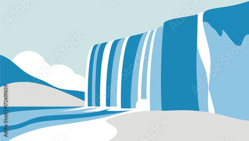 Stylized illustration of a majestic waterfall cascading into a serene body of water