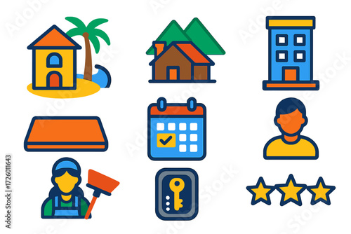 Vacation Rental Icons. Flat vector icons of vacation rentals: beach villa, mountain cabin, city loft; welcome mat, booking