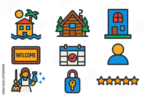 Vacation Rental Icons. Flat vector icons of vacation rentals: beach villa, mountain cabin, city loft; welcome mat, booking