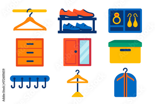 Modern Closet Icons. Flat vector icons of closet interiors: hanging rack, shoe shelf, jewelry tray; drawer unit, mirror door,