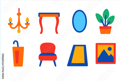 Modern Foyer Icons. Flat vector icons of foyer interiors: chandelier, tile floor, console table; mirror, plant, umbrella stand;