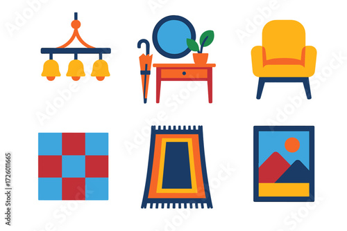 Modern Foyer Icons. Flat vector icons of foyer interiors: chandelier, tile floor, console table; mirror, plant, umbrella stand;