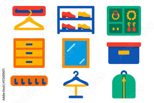 Modern Closet Icons. Flat vector icons of closet interiors: hanging rack, shoe shelf, jewelry tray; drawer unit, mirror door,