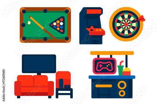 Game Room Icons. Flat vector icons of game room interiors: pool table, arcade machine, dartboard; sofa, TV screen, gaming console;