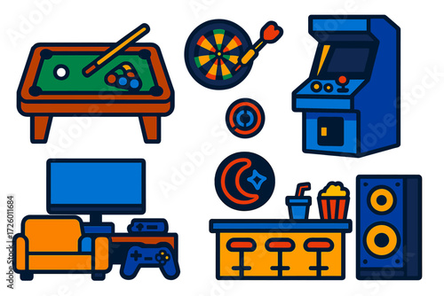 Game Room Icons. Flat vector icons of game room interiors: pool table, arcade machine, dartboard; sofa, TV screen, gaming console;