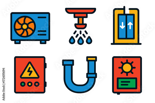 Building Service Icons. Flat vector icons of building services: HVAC unit, fire sprinkler, elevator shaft; electrical panel,