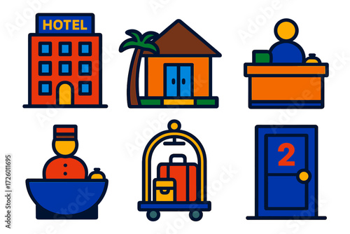 Hospitality Icon Set. Flat vector icons of hospitality architecture: hotel façade, resort bungalow, lobby desk; concierge station,