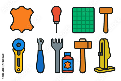 Leatherworking Tool Icons. Flat vector icons of leatherworking tools: leather hide, awl, cutting mat, rotary cutter, stitching