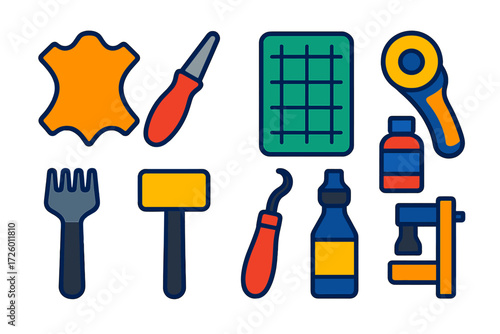 Leatherworking Tool Icons. Flat vector icons of leatherworking tools: leather hide, awl, cutting mat, rotary cutter, stitching