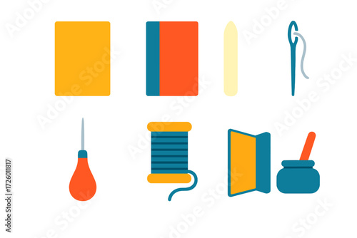 Bookbinding Icon Set. Flat vector icons of bookbinding supplies: book board, binding cloth, bone folder, awl, thread spool, needle