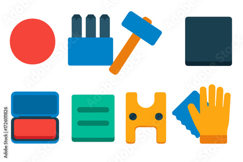 Vibrant Metal Stamping Icons. Flat vector icons of metal stamping tools: metal blank, stamp set, mallet, anvil block, ink pad,
