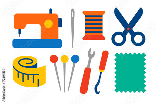 Sewing Tools Icons. Flat vector icons of sewing and textiles: sewing machine, needle, thread spool, fabric scissors, measuring
