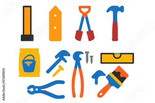 Fence Repair Icons. Flat vector icons of fence repair: fence post, picket, post hole digger, concrete mix, hammer, nails, level,