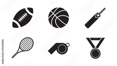 Sports equipment icon set simple black glyph vector design isolated on white background for app and web design