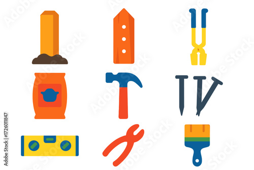 Fence Repair Icons. Flat vector icons of fence repair: fence post, picket, post hole digger, concrete mix, hammer, nails, level,