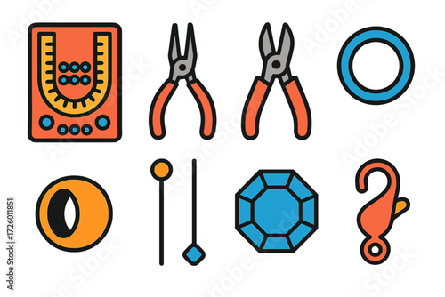 Jewelry Making Icons. Flat vector icons of jewelry making: bead board, pliers, wire cutter, jump ring, crimp bead, headpin,