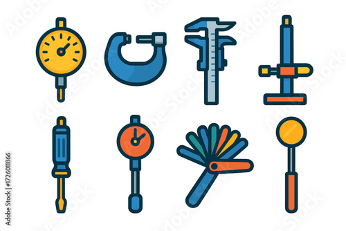 Precision Tool Icons. Flat vector icons of precision instruments: dial indicator, micrometer, vernier caliper, height gauge,