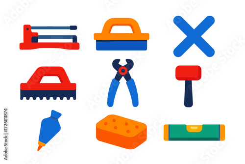 Tiling Tool Icons. Flat vector icons of tiling tools: tile cutter, grout float, tile spacer, notched trowel, tile nipper, rubber
