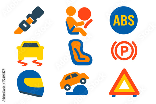 Safety Equipment Icons. Flat vector icons of safety equipment: seat belt, airbag, ABS icon, traction control, child seat,