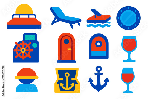 Yacht Amenities Icons. Flat vector icons of yacht amenities: sun deck, lounge chair, swim platform, steering console, cabin door,