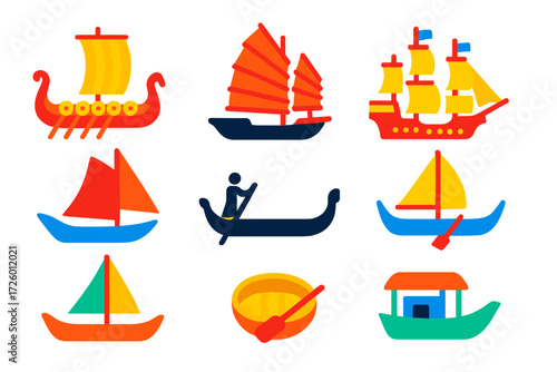 Traditional Vessel Icons. Flat vector icons of traditional vessels: Viking longship, Chinese junk, galleon, dhow, gondola,