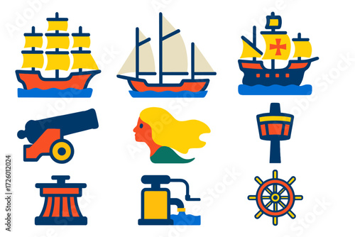 Historic Ship Icons. Flat vector icons of historic ships: clipper ship, schooner, carrack, carronade, figurehead, crow’s nest,